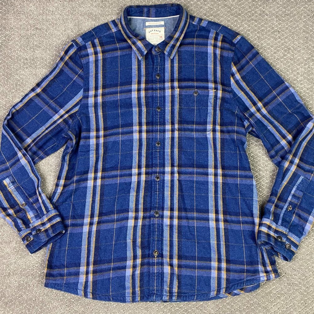 Fat Face Flannel Shirt Mens XXL Blue Indigo Plaid Cotton Long Sleeve Button Down